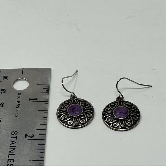 Boho Purple Enamel Round Medallion Dangle Earrings Silver Tone Filigree - Picture 3 of 6